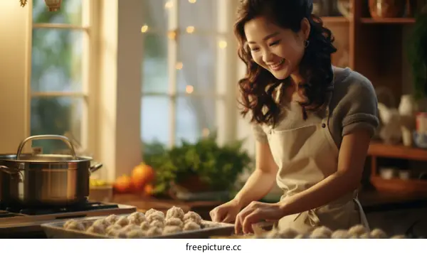 Asian woman making dumplings