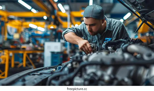 Young male mechanic repairing car engine in auto repair shop