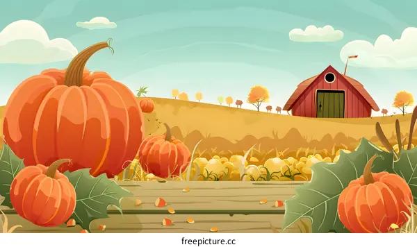 Autumn Harvest Farm with Pumpkins and a Red Barn