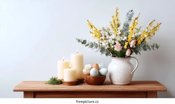 Easter Floral Arrangement on Wooden Table