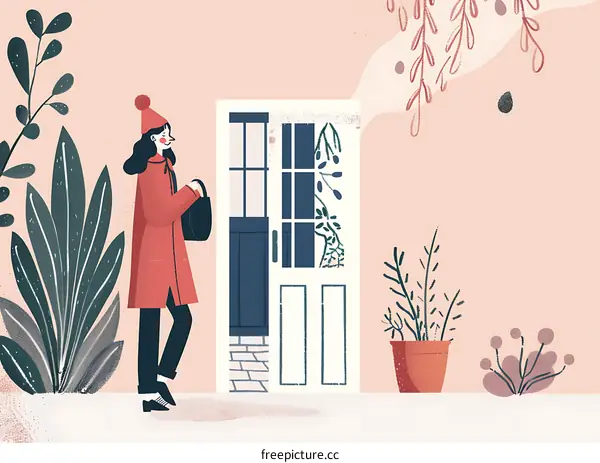 Woman in Red Coat Walking Towards the Door