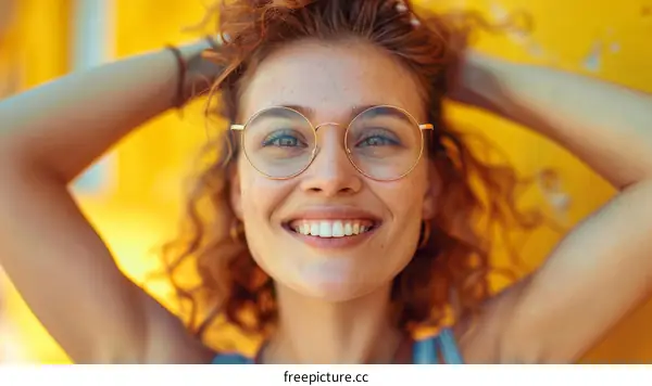 Smiling Woman with Glasses against a Yellow Background