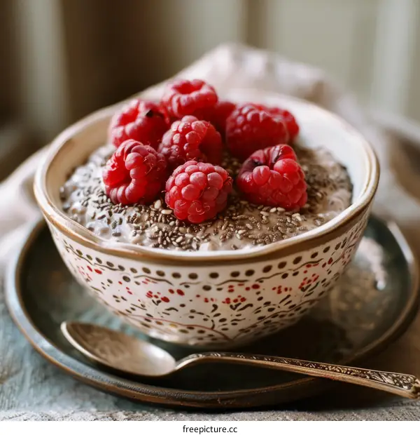 Chia seed pudding with fresh raspberries