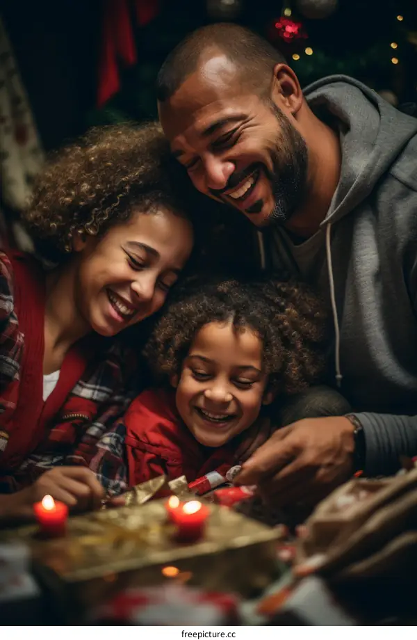 Happy African American family opening Christmas presents