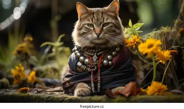 A Mystical Cat Wearing a Beaded Necklace Sits in a Garden of Yellow Flowers