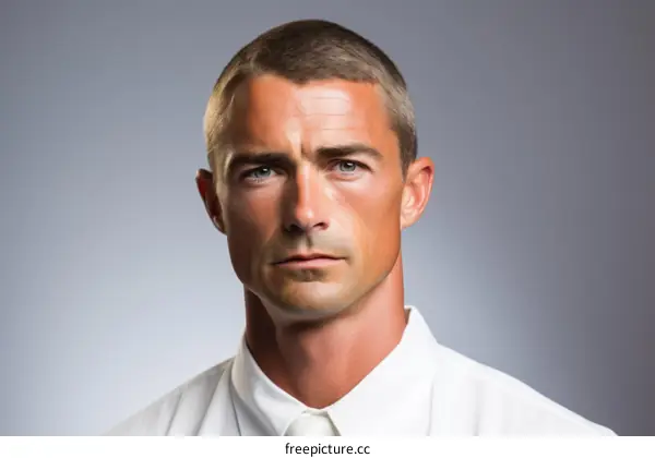 A man with short brown hair and green eyes is wearing a white shirt and tie