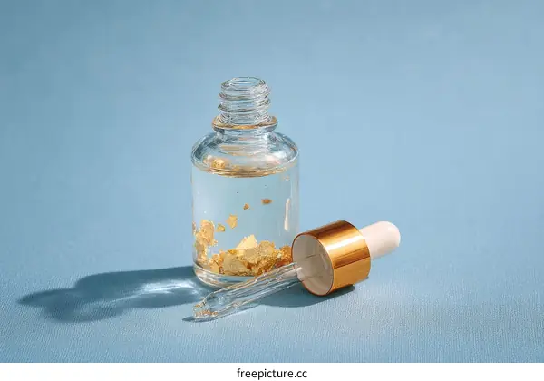 Gold Serum Dropper Bottle on a Light Blue Background