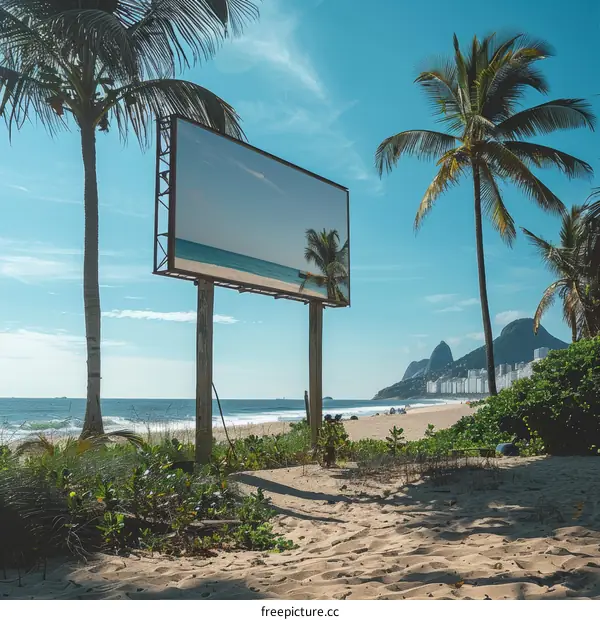 Beach billboard reflecting the ocean and palm trees