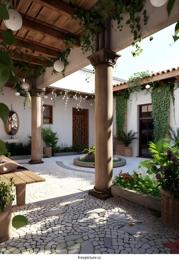 Stone Patio with Wooden Pillars and Greenery