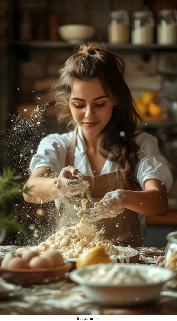 Young Woman Baking in Rustic Kitchen