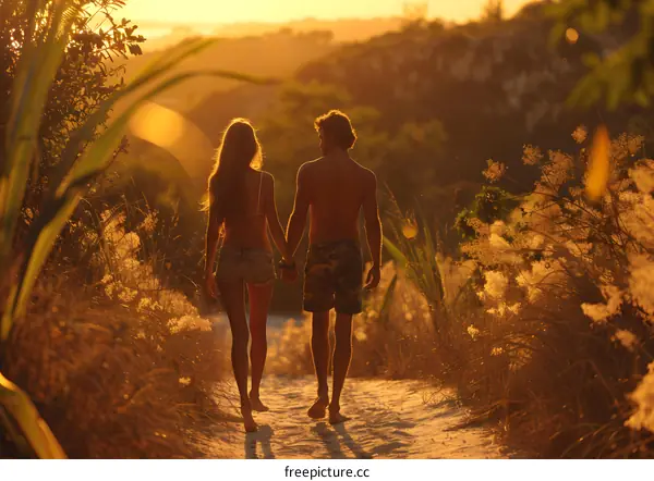 Young couple walking on the beach at sunset
