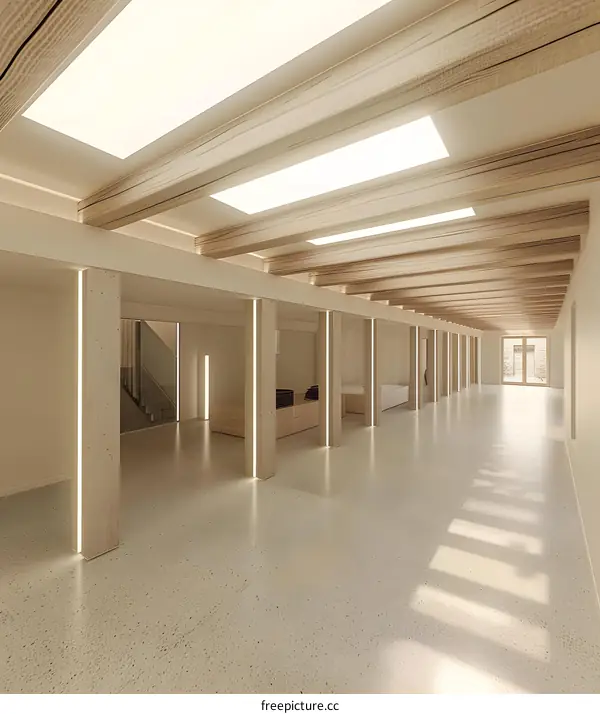 Modern Interior Design With Wooden Beams and Skylights