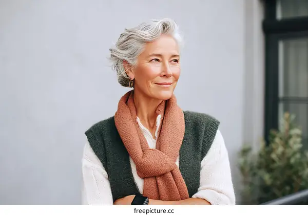 Older Woman with Gray Hair and Scarf Standing Outdoors