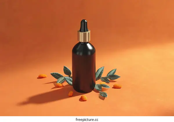 Elegant Black Dropper Bottle with Leaves and Almond Slices