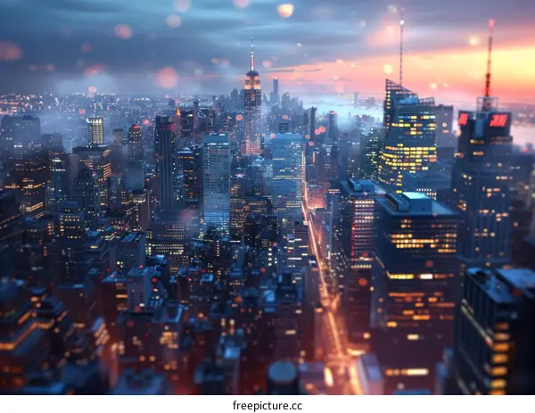 Night Cityscape Aerial View of Skyscrapers