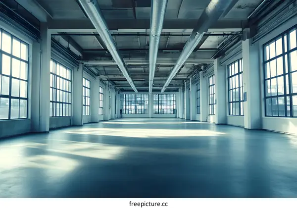 Empty Industrial Warehouse with Large Windows and Pipes