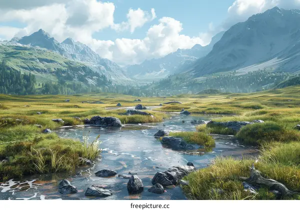 River Through Valley with Distand Mountains