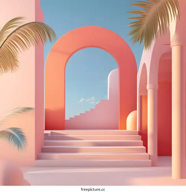 Minimalist Pink Archway with Steps and Palm Trees