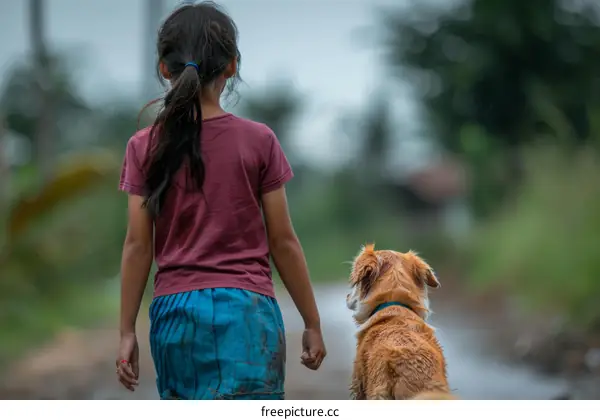 Girl walking with her dog in the rain