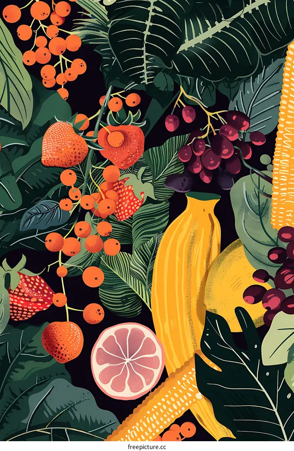 Tropical Fruits and Leaves Illustration