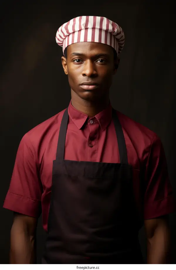 Portrait of a young African American chef wearing a red apron and a white hat