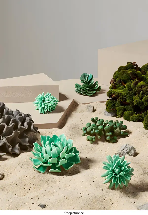 Green Succulents on Sand with Minimalist Background