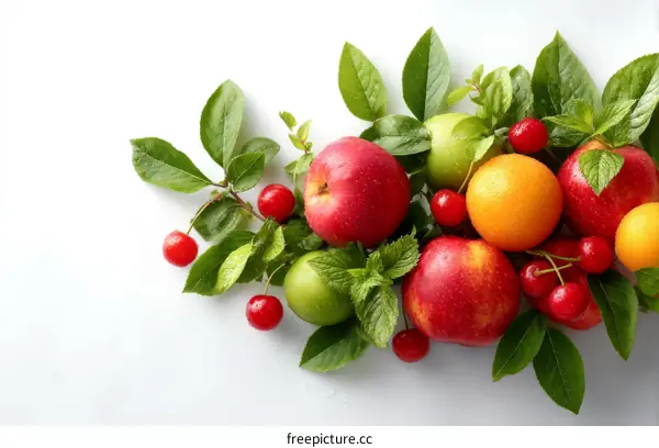 Colorful Fresh Fruits and Leaves Arrangement
