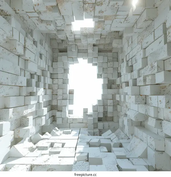 3D rendering of a futuristic concrete room with a large opening in the back wall