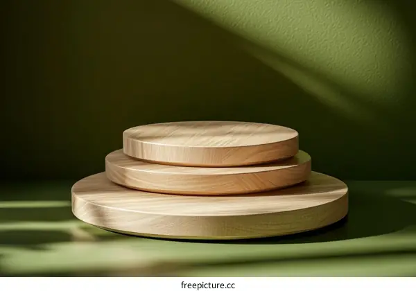 Wooden Display Platform Against Green Background