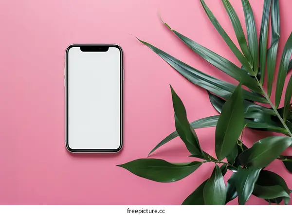 White Screen Smartphone With Green Palm Leaves On Pink Background