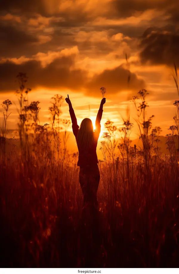 girl standing in a field of wheat with her arms in the air as the sun sets