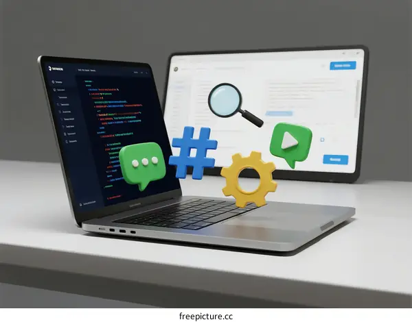 Laptop with Code and Development Icons Showing Software Engineering