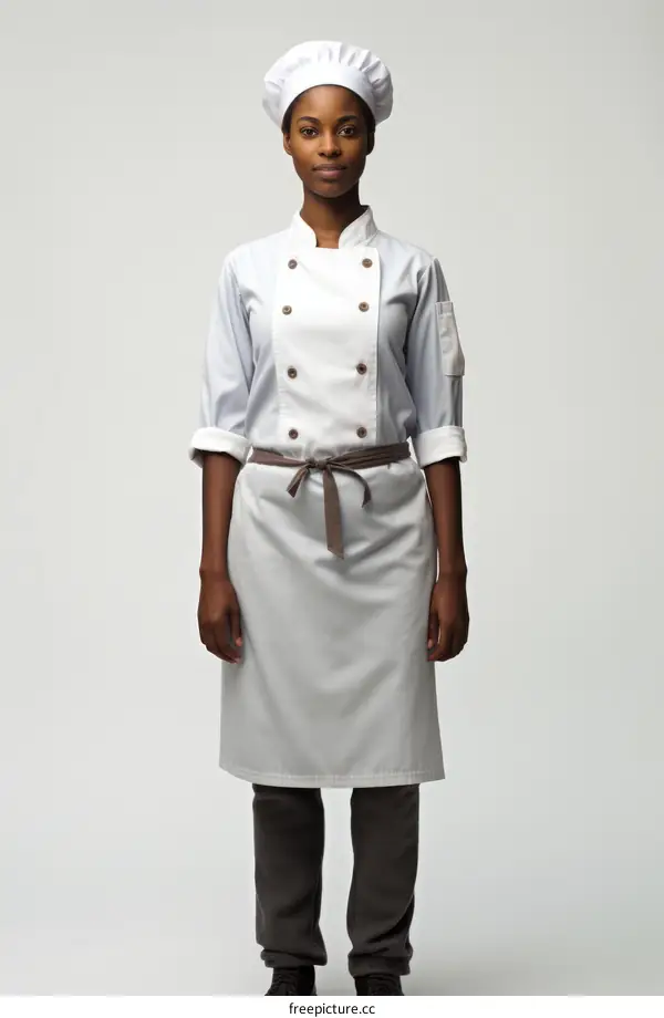 A young African-American female chef wearing a white chef's uniform