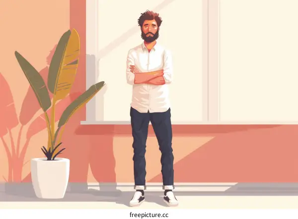 A man standing in front of a window with his arms crossed.