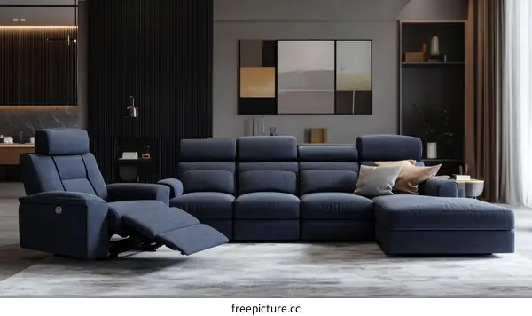 Modern Dark Blue Sectional Sofa and Armchair Set