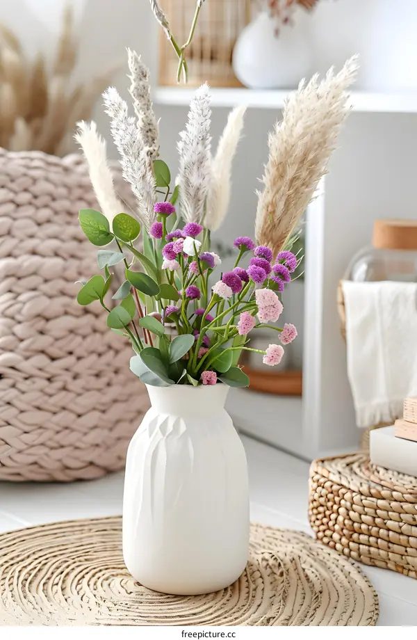 White Vase with Dried Flowers and Pampas Grass on a Woven Mat