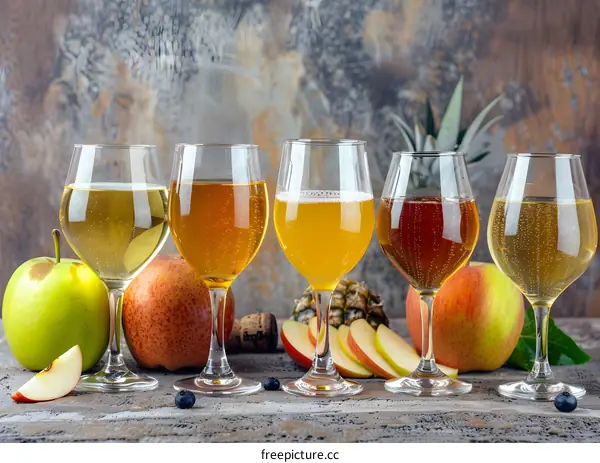 Four Glasses of Apple Cider with Fruit and a Pineapple