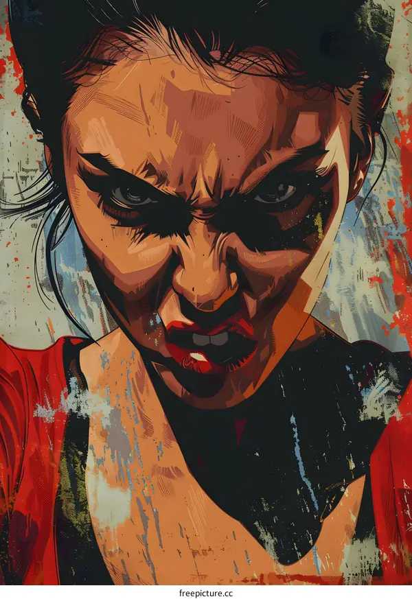 Angry Woman in Red With Detailed Face Illustration