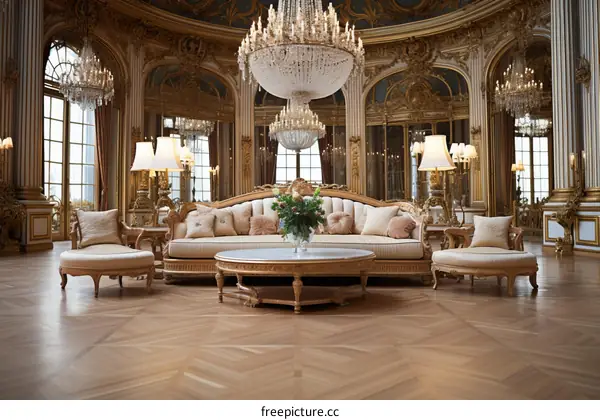 Ornate living room with crystal chandelier and parquet floor