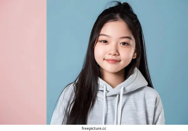 Portrait of a Smiling Asian Girl with Long Black Hair Wearing a Gray Hoodie Against a Pink and Blue Background