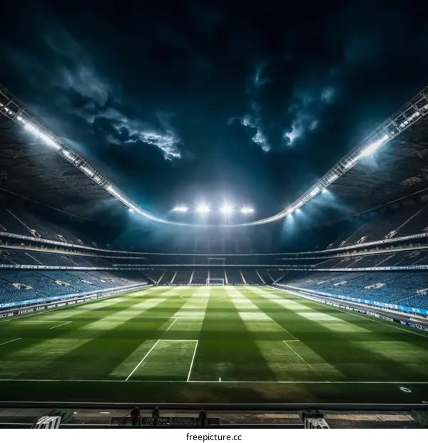 An empty soccer stadium at night with the lights on