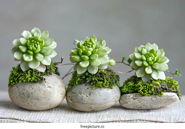 Three Succulents Planted In Stones