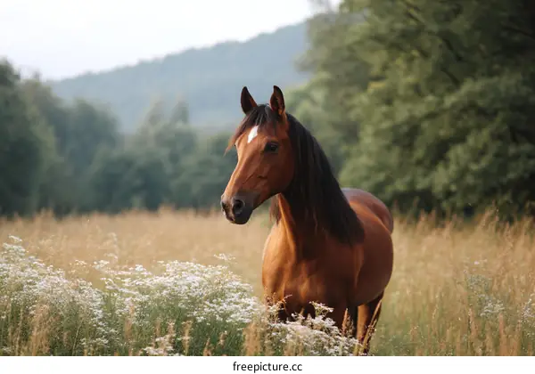 Majestic Horse in a Field of Flowers