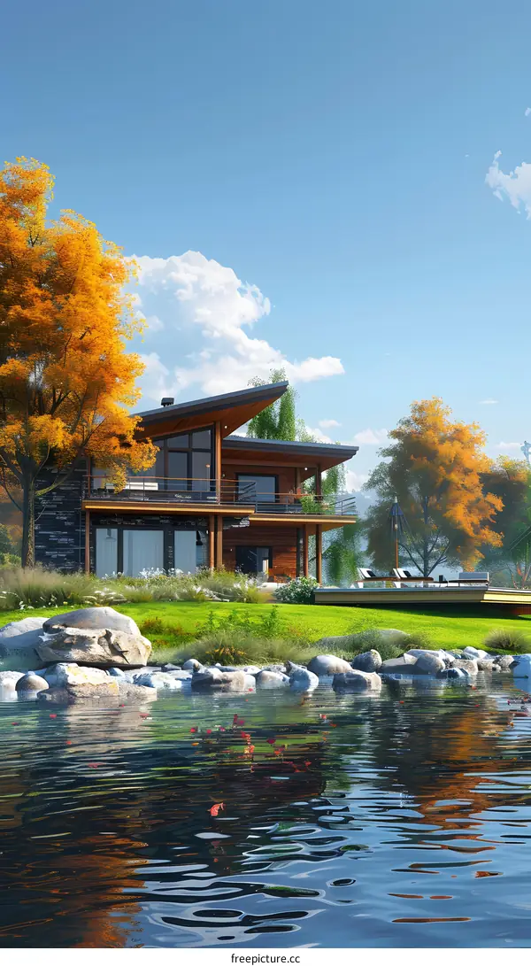 Modern House with Beautiful Autumn Landscape and Pond