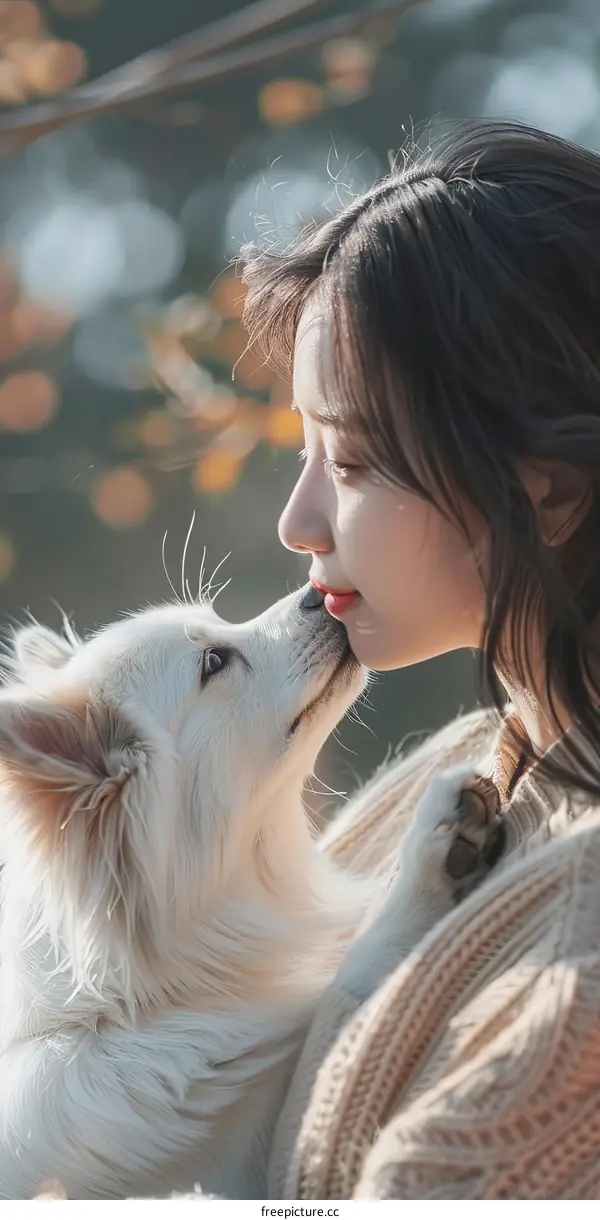 An Asian woman and a white dog are nuzzling each other.