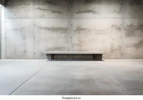 A concrete bench sits in the middle of a large, empty concrete room.