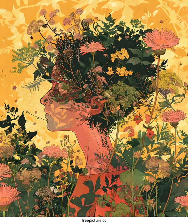 Woman with Flowers in Her Hair Illustration