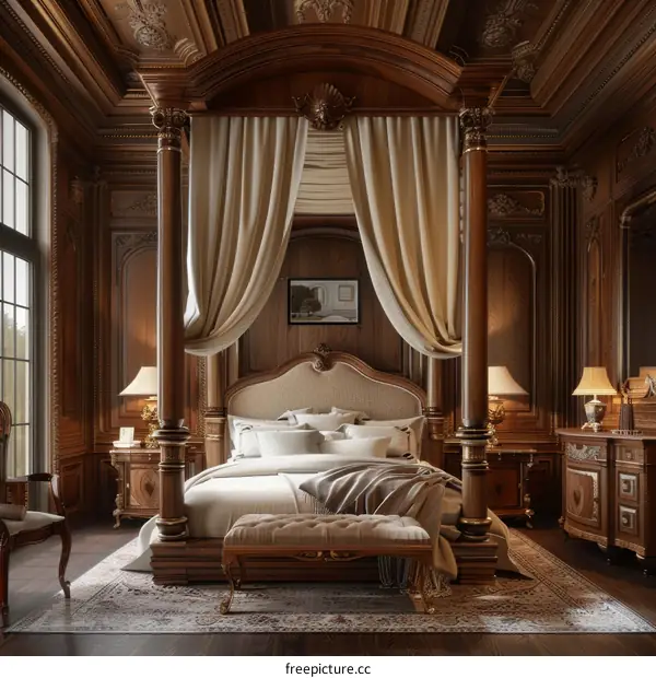 Luxurious Wooden Four-Poster Canopy Bed in Elegant Bedroom