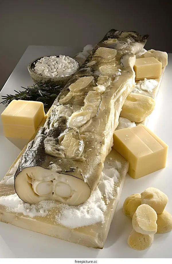 A large cod fish with head and tail cut off laying on a bed of salt with rosemary and other ingredients