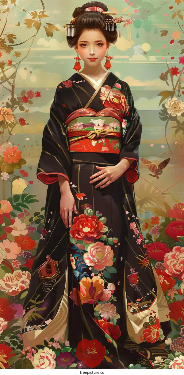 An illustration of a Japanese woman wearing a kimono with floral patterns and holding a fan in her right hand